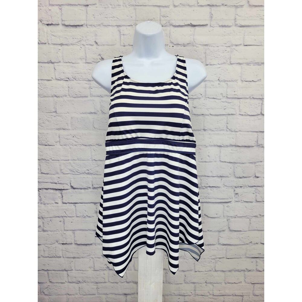 12R NAVY STRIPE A392813 Denim & Co. Beach Handkerchief Hem Tankini